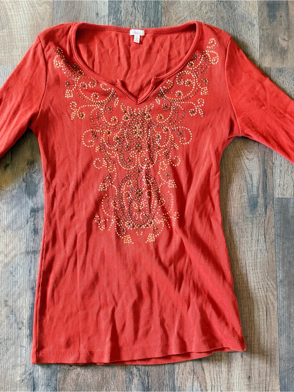 Reba Red Long Sleeve Scoop Neck Top with Gold Rhinestone Motif